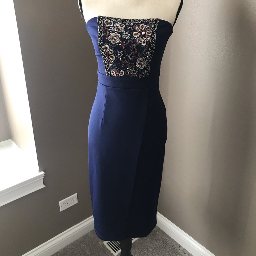 Embellished Strapless Navy Dress